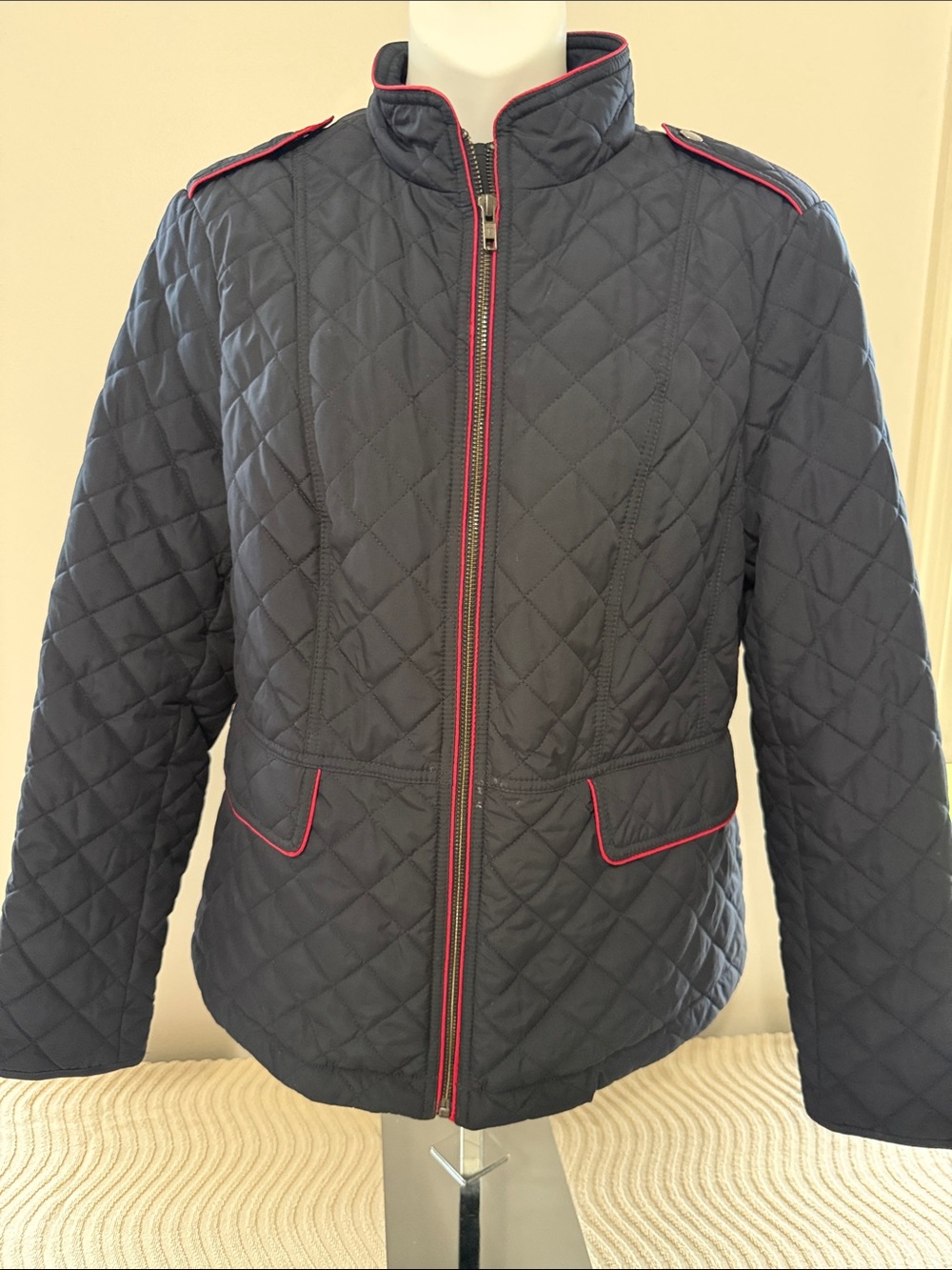Talbots Navy Quilted Puffer Jacket with Red Trim